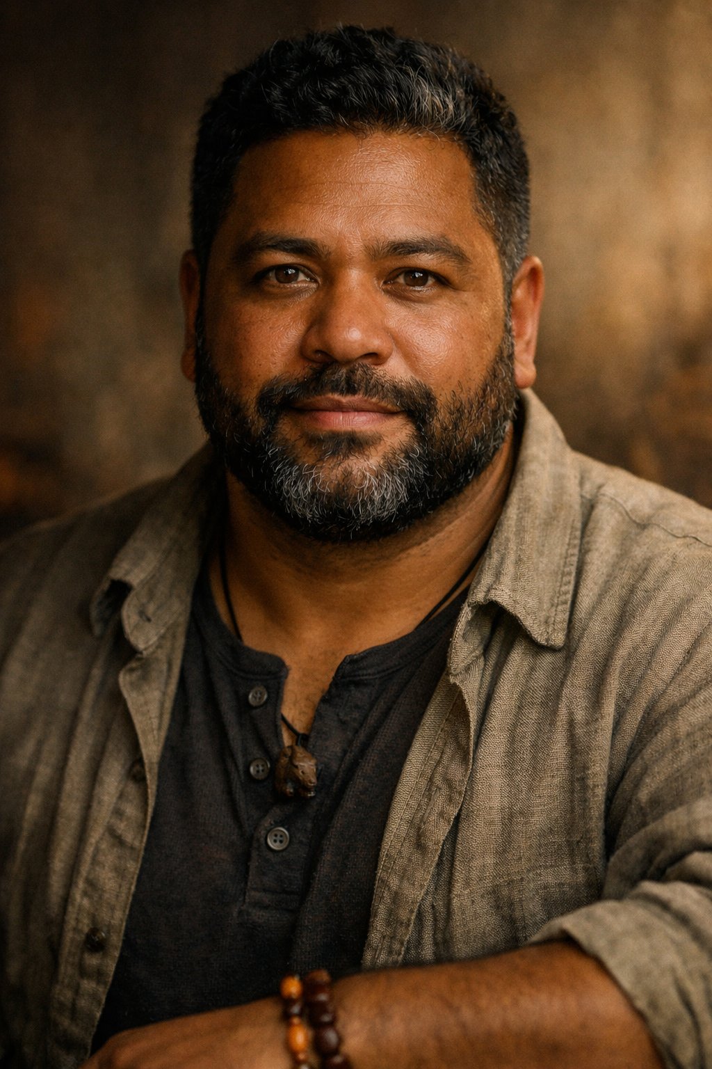 David Bear's avatar: a bearded man in a linen shirt with a small carved bear pendant at his collar, against a warm earth-toned wall